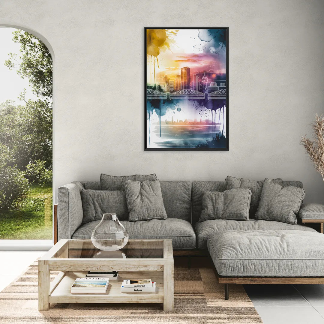 Sacramento Skyline Sunset - Living Room Black Frame Canvas