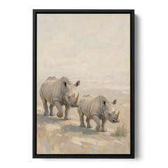 Safari Animal Nursery Prints Rhino Calf and Mother - Black Framed Canvas Wall Art - Front