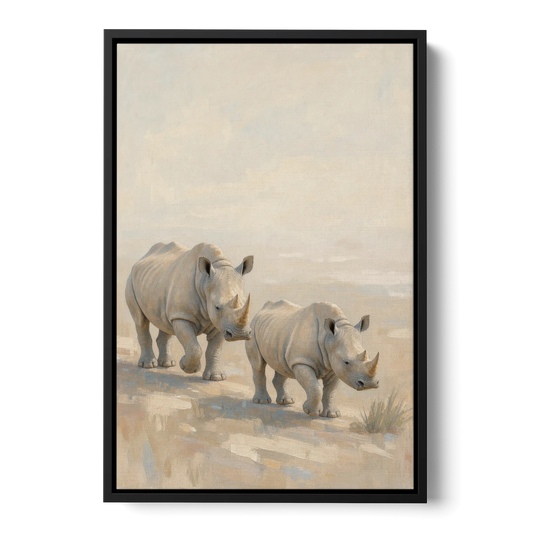 Safari Animal Nursery Prints Rhino Calf and Mother - Black Framed Canvas Wall Art - Front