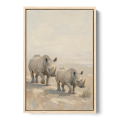 Safari Animal Nursery Prints Rhino Calf and Mother - Oak Framed Canvas Wall Art - Front