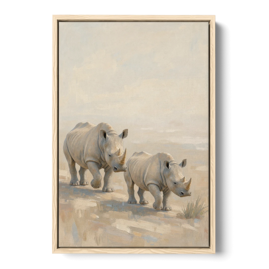 Safari Animal Nursery Prints Rhino Calf and Mother - Oak Framed Canvas Wall Art - Front