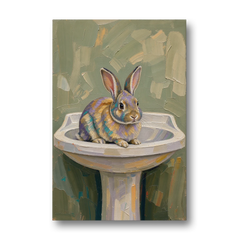 Sage Green Bathroom Wall Art with a Basin Bunny - Canvas Wall Art - Front