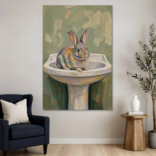 Sage Green Bathroom Wall Art with a Basin Bunny - Canvas Wall Art - Sofa - 40x60