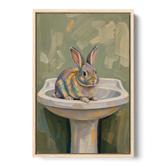 Sage Green Bathroom Wall Art with a Basin Bunny - Oak Framed Canvas Wall Art - Front