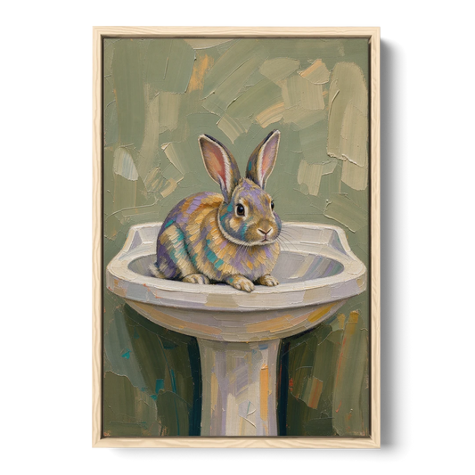 Sage Green Bathroom Wall Art with a Basin Bunny - Oak Framed Canvas Wall Art - Front