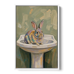 Sage Green Bathroom Wall Art with a Basin Bunny - White Framed Canvas Wall Art - Front