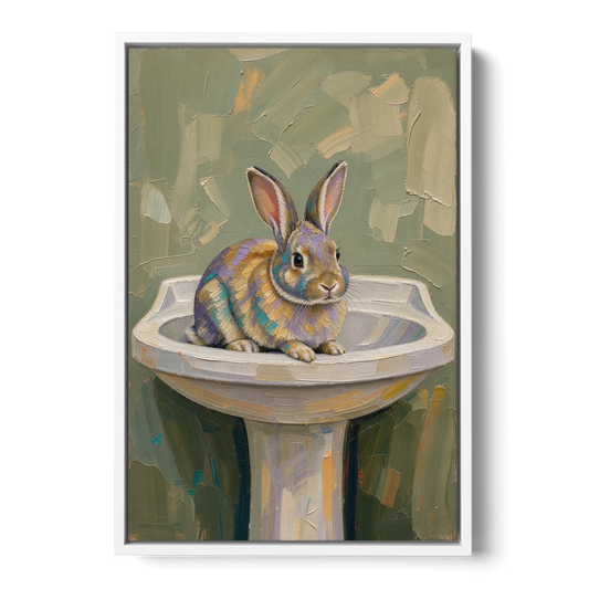 Sage Green Bathroom Wall Art with a Basin Bunny - White Framed Canvas Wall Art - Front