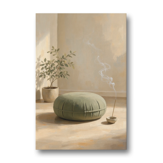 Sage Meditation Cushion with Rising Incense Smoke - Canvas Wall Art - Front