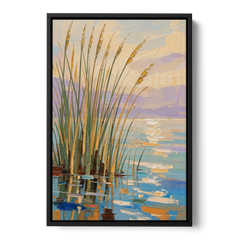 Sage and Ochre Reeds on Still Water - Black Framed Canvas Wall Art - Front