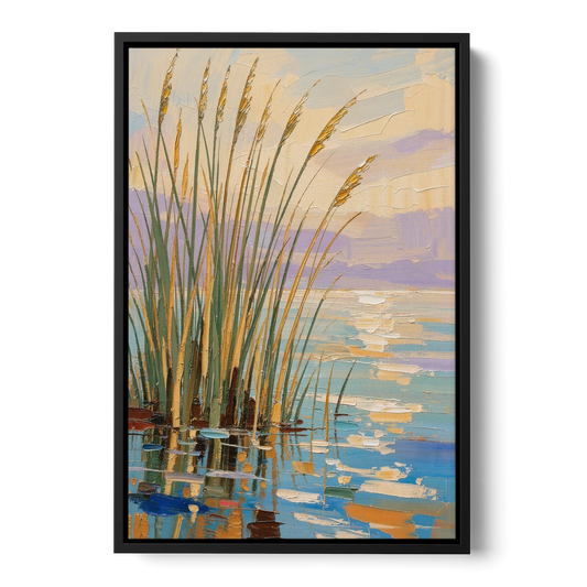 Sage and Ochre Reeds on Still Water - Black Framed Canvas Wall Art - Front