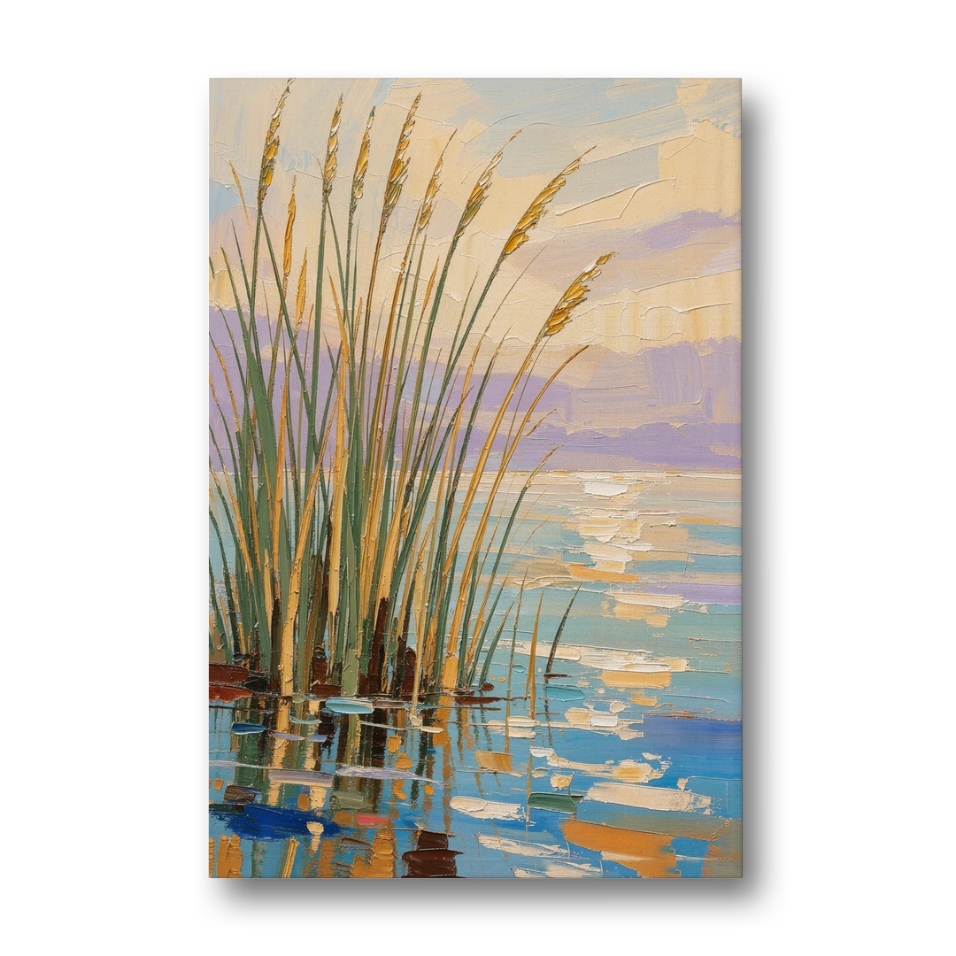 Sage and Ochre Reeds on Still Water - Canvas Wall Art - Front