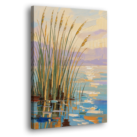 Sage and Ochre Reeds on Still Water - Canvas Wall Art