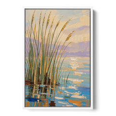 Sage and Ochre Reeds on Still Water - White Framed Canvas Wall Art - Front