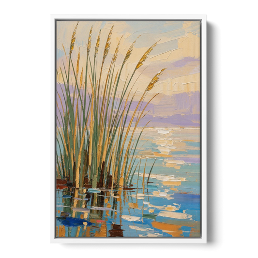 Sage and Ochre Reeds on Still Water - White Framed Canvas Wall Art - Front