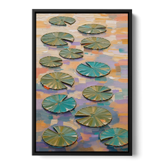 Sage and Teal Lily Pads on Peach Water - Black Framed Canvas Wall Art - Front