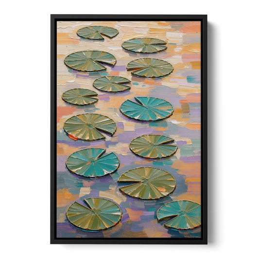 Sage and Teal Lily Pads on Peach Water - Black Framed Canvas Wall Art - Front