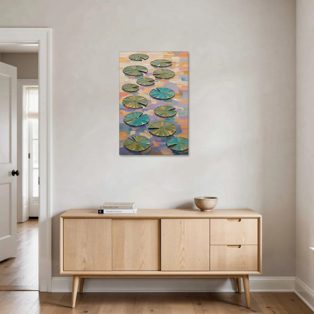 Sage and Teal Lily Pads on Peach Water - Canvas Wall Art - Coffee Table - 24x36