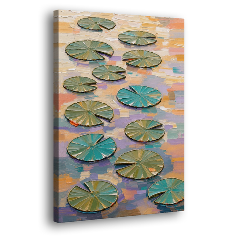 Sage and Teal Lily Pads on Peach Water - Canvas Wall Art