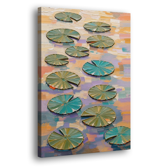 Sage and Teal Lily Pads on Peach Water - Canvas Wall Art - Side