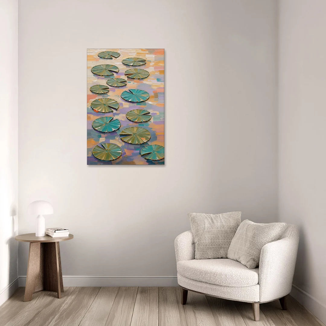 Sage and Teal Lily Pads on Peach Water - Canvas Wall Art - Sofa - 24x36