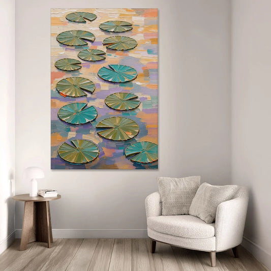 Sage and Teal Lily Pads on Peach Water - Canvas Wall Art - Sofa - 40x60