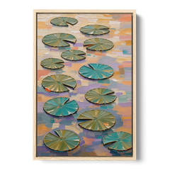 Sage and Teal Lily Pads on Peach Water - Oak Framed Canvas Wall Art - Front