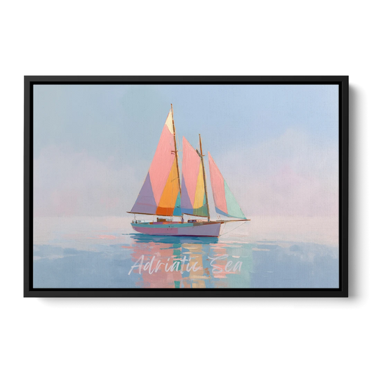 Sailboat Painting in Soft Pastels - Black Framed Canvas Wall Art - Front