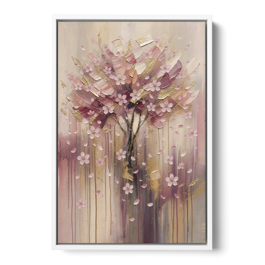 Sakura Painting with Dripping Rose and Gold - White Framed Canvas Wall Art - Front