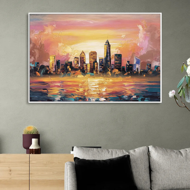 Salem Skyline Sunset Living Room - White Canvas Wall Art