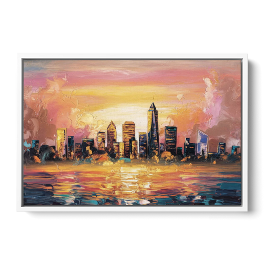 Salem Skyline Sunset - White Framed Canvas Wall Art - Front