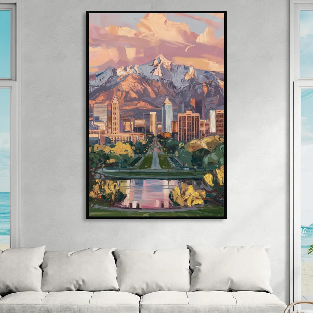 Salt Lake City Urban Landscape Sitting Room - Black Canvas Wall Art