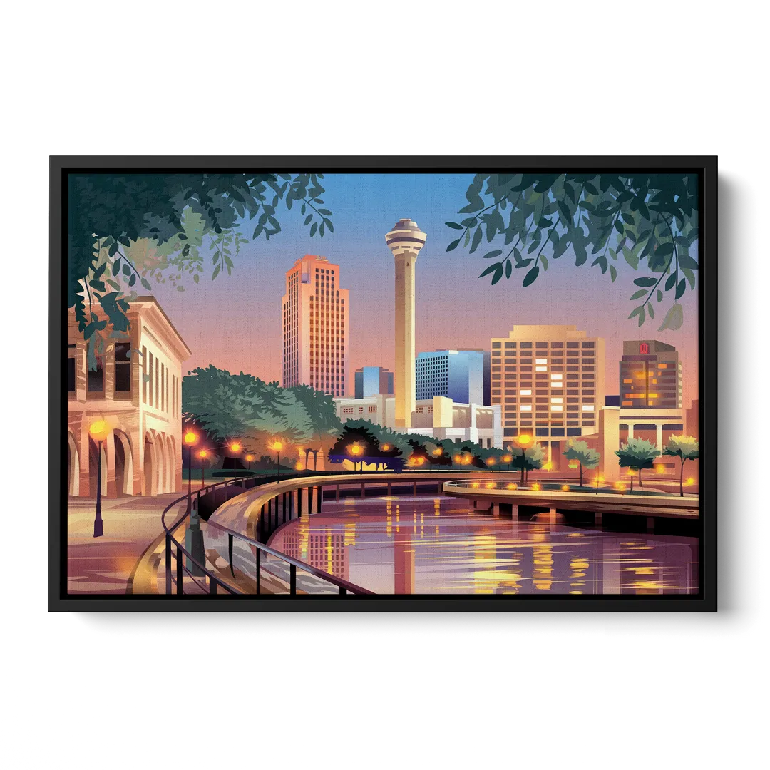 San Antonio Downtown Vibes Front - Black Canvas Wall Art