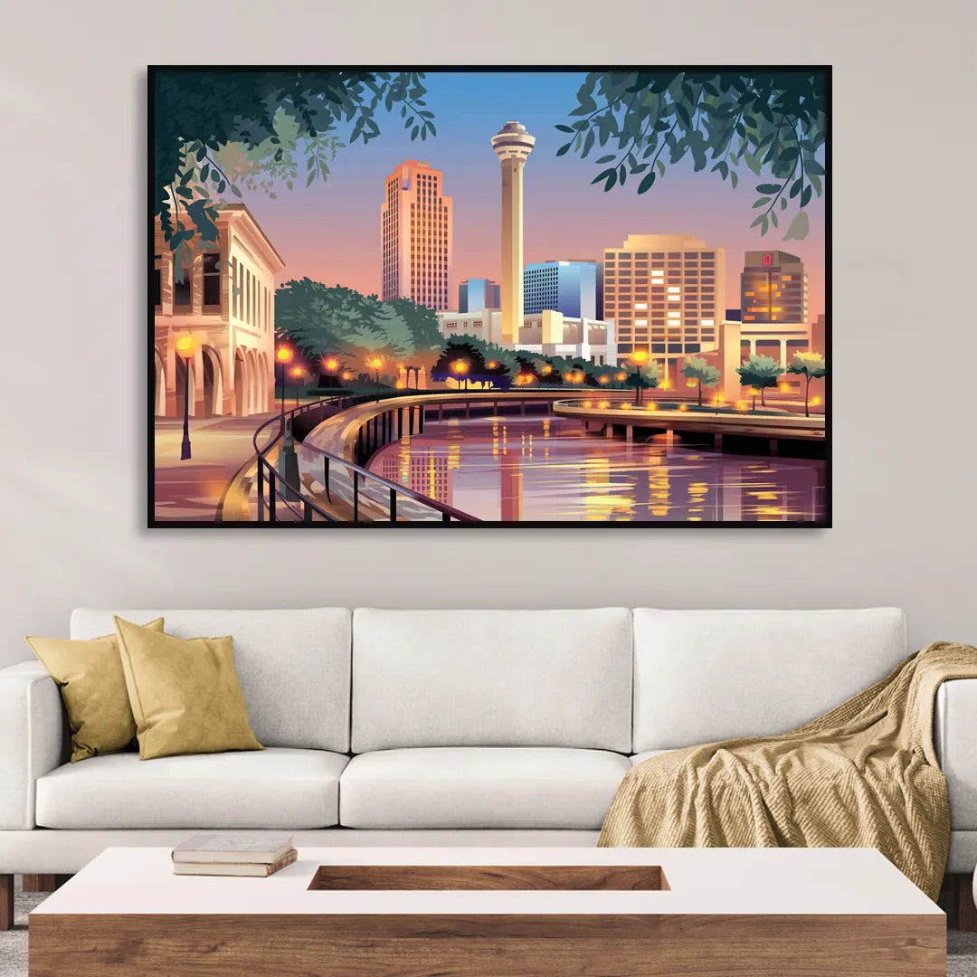 San Antonio Downtown Vibes Sitting Room - Black Canvas Wall Art
