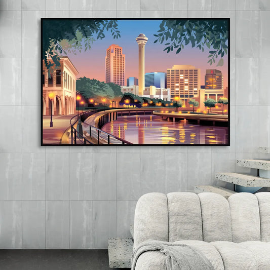 San Antonio Downtown Vibes Living Room - Black Canvas Wall Art