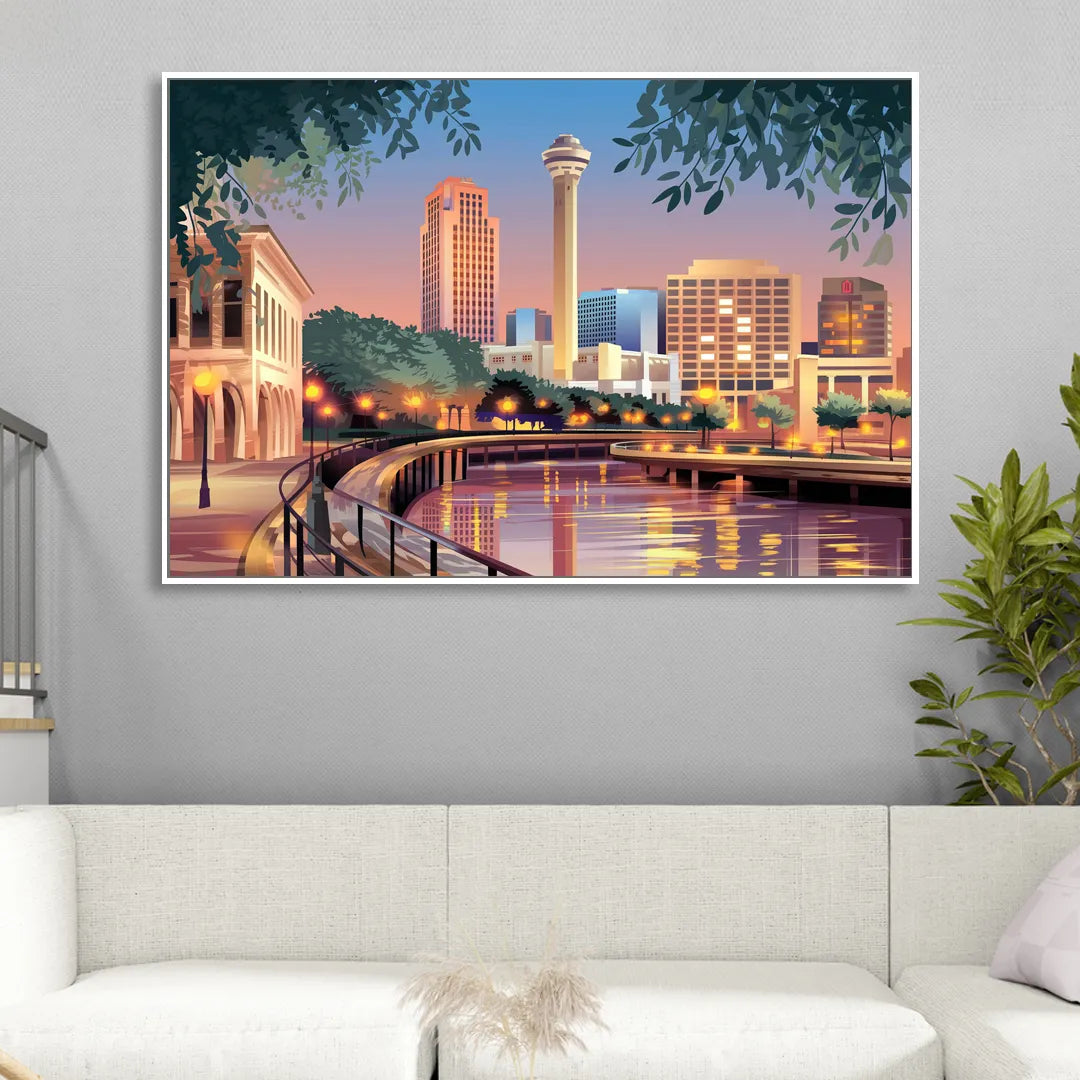 San Antonio Downtown Vibes Living Room - White Canvas Wall Art
