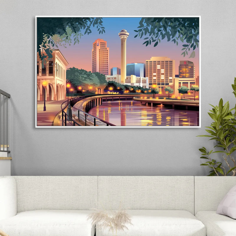 San Antonio Downtown Vibes Living Room - White Canvas Wall Art