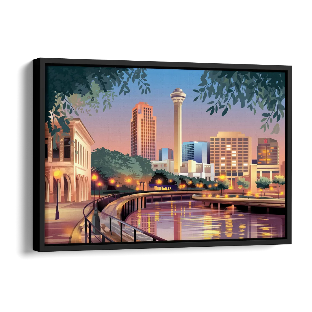 San Antonio Downtown Vibes Side - Black Canvas Wall Art
