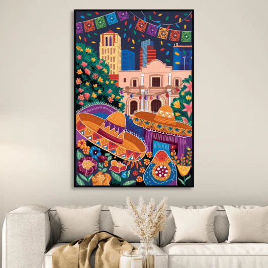 San Antonio Fiesta Colors Living Room - Black Canvas Wall Art