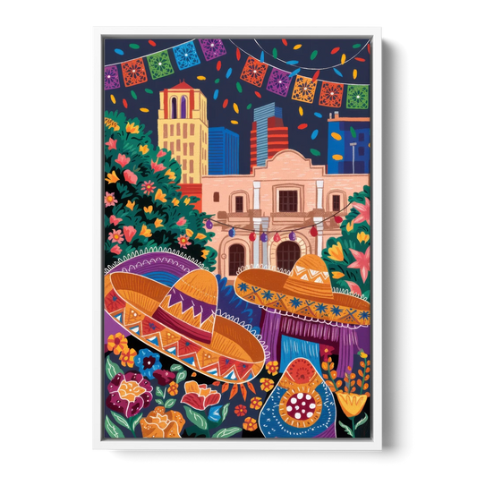 San Antonio Fiesta Colors - White Framed Canvas Wall Art - Front
