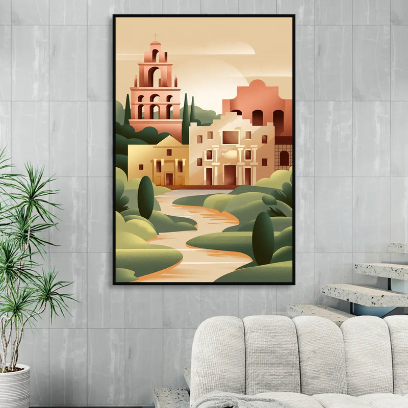 San Antonio Historic Missions Sitting Room - Black Canvas Wall Art