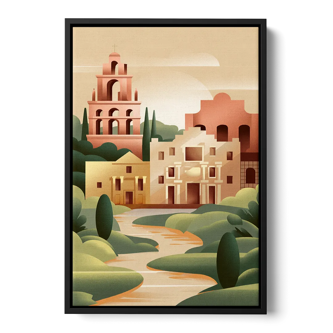 San Antonio Historic Missions Front - Black Canvas Wall Art
