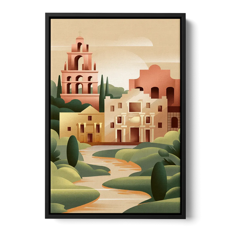 San Antonio Historic Missions Front - Black Canvas Wall Art