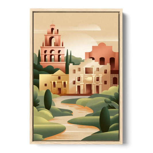 San Antonio Historic Missions - Oak Framed Canvas Wall Art - Front