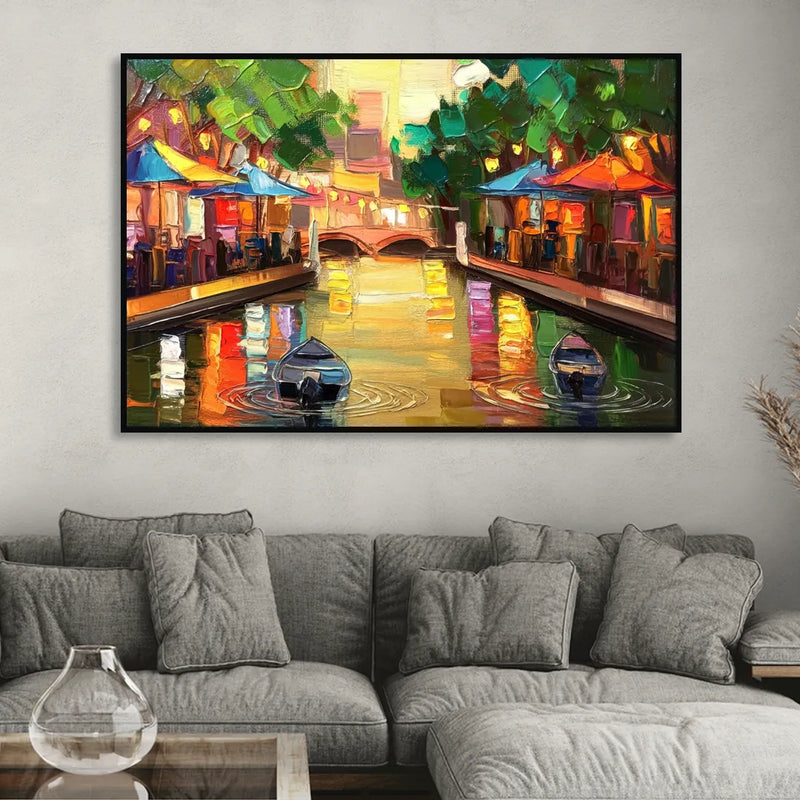 San Antonio Riverwalk Charm Sitting Room - Black Canvas Wall Art