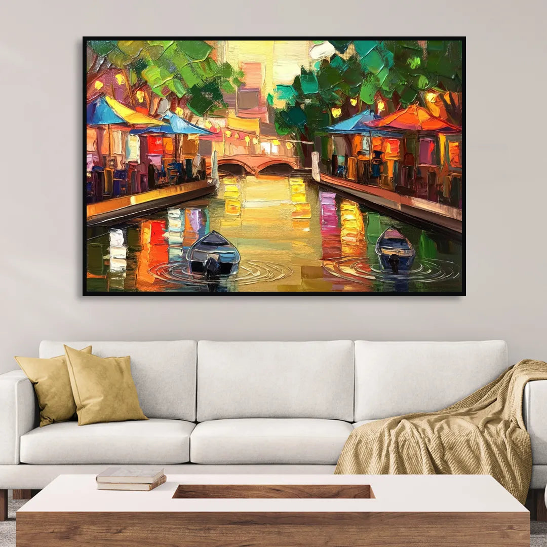 San Antonio Riverwalk Charm Living Room - Black Canvas Wall Art