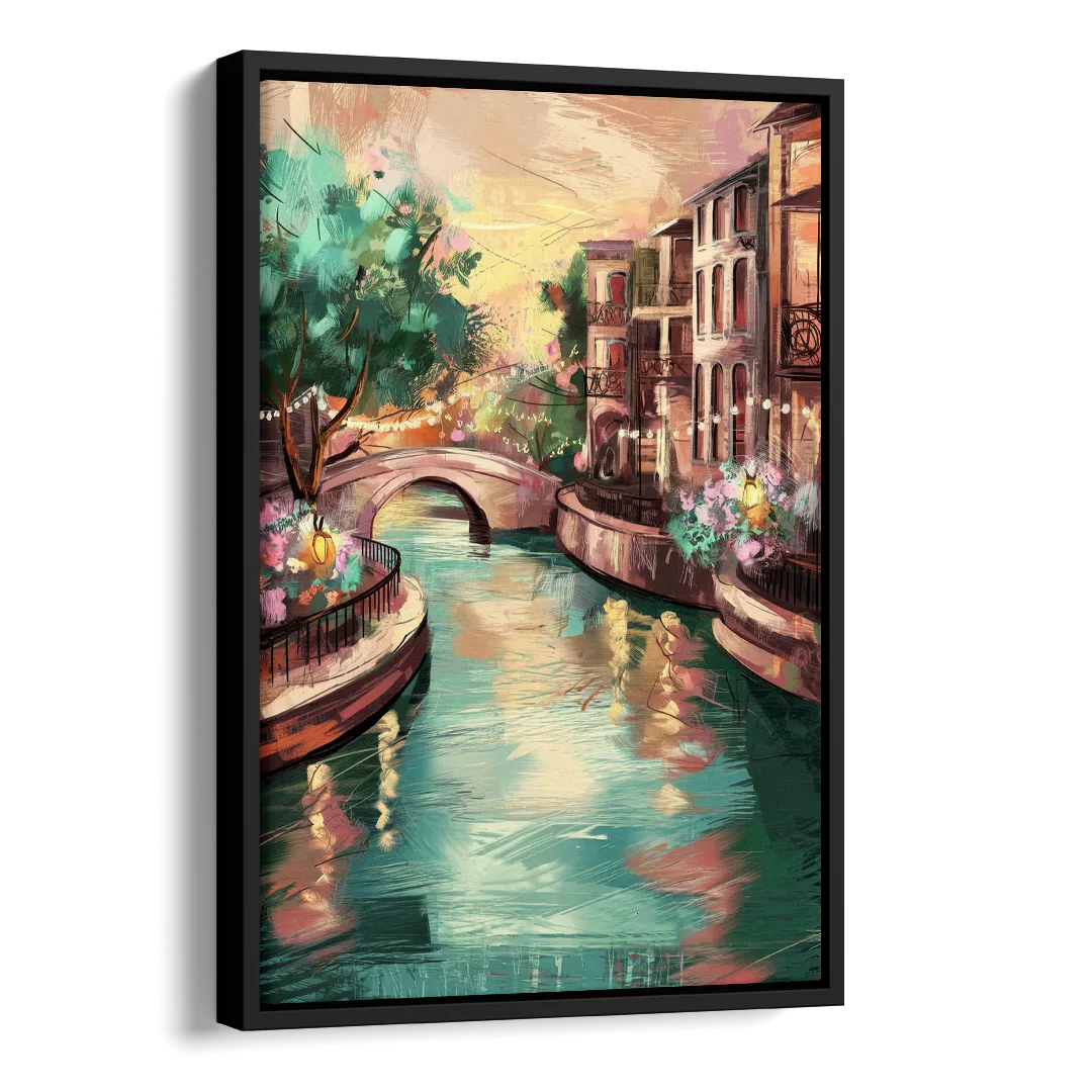 San Antonio Scenic Riverwalk Side - Black Canvas Wall Art