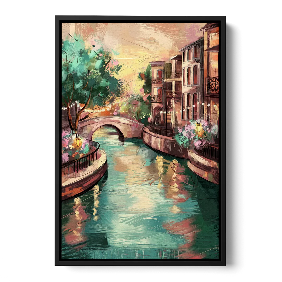 San Antonio Scenic Riverwalk Front - Black Canvas Wall Art
