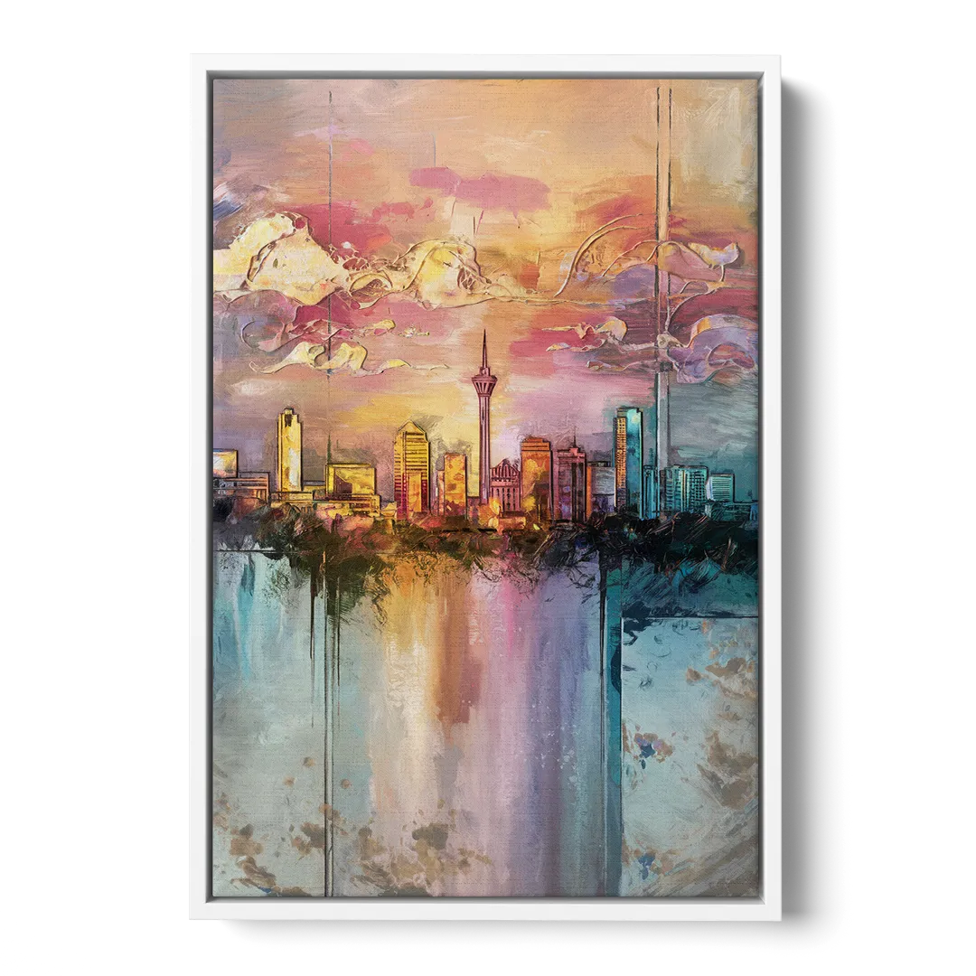 San Antonio Skyline Sunset Front - White Canvas Wall Art