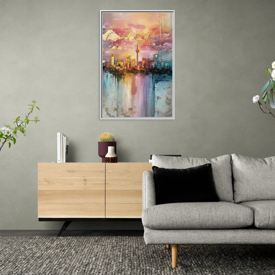 San Antonio Skyline Sunset - Living Room White Frame Canvas