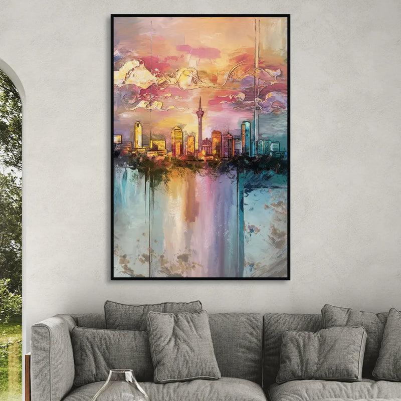 San Antonio Skyline Sunset Sitting Room - Black Canvas Wall Art